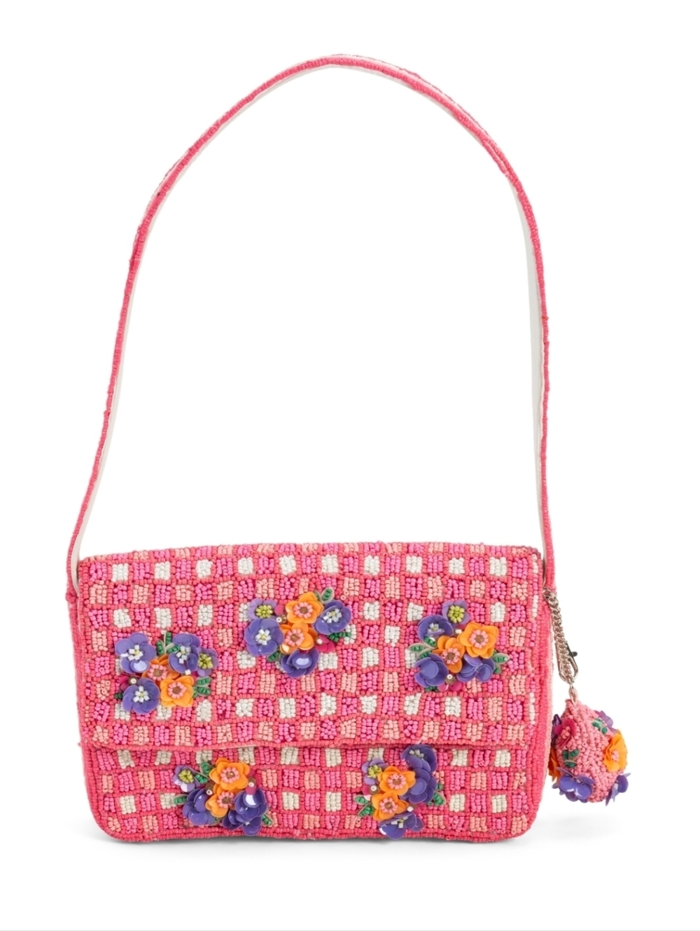 💕🔹️Made In India 🔹️floral Gingham Pink Beaded Floral Shoulder Bag